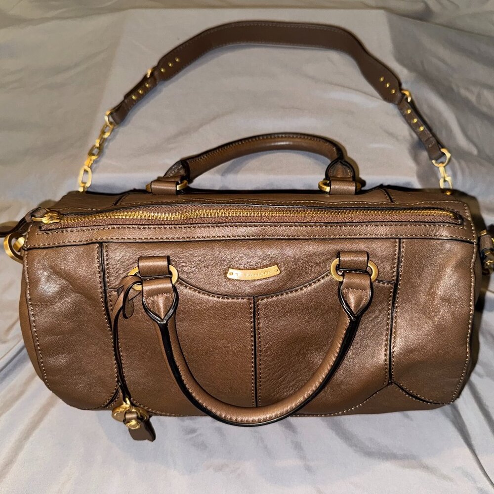 T Tahari Brown Leather Satchel Shoulder Bag Top Handle Crossbody Purse